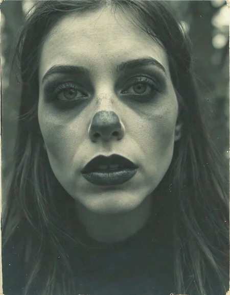 Vintage photo of an eerie portrait, the face is obscured by motion blur, in black and white with hints of dark green, set against a forest backdrop, evoking mystery and gothic vibes.