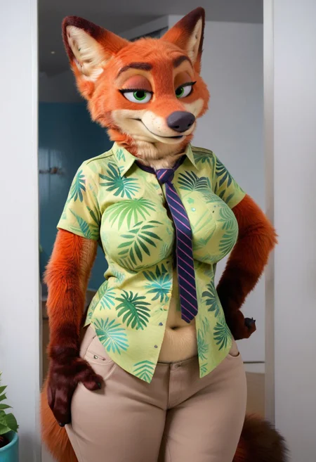 score_9, score_8_up, score_7_up, score_6_up, furry, mikus-sona, fursuit, furry focus, furry style, furry costume, anthropomorphic, anthro, solo, plump, big breasts, (wide hips, thick thighs, huge ass), (furry breasts, furry belly), ((bedroom eyes)), half-closed eyes, nickwilde, solo, green eyes, necktie, green hawaiian shirt, pants, tail