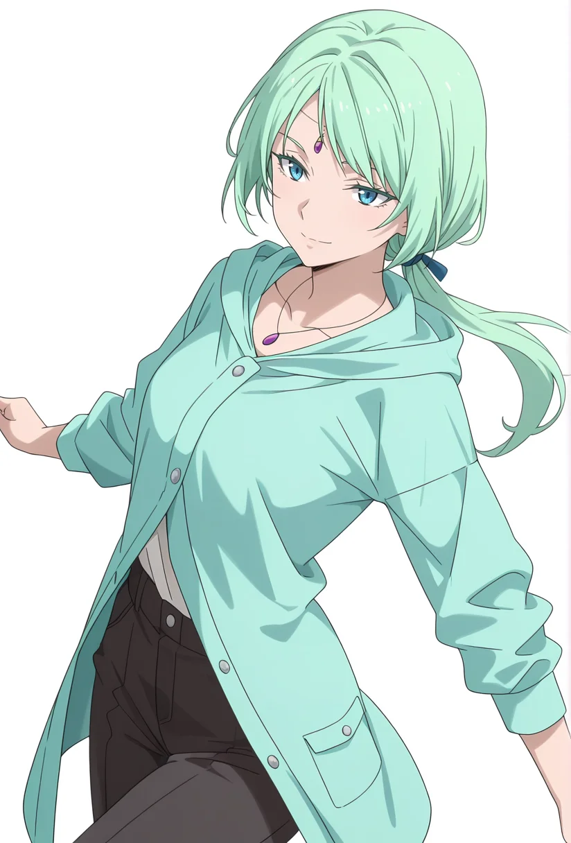Smooth Quality,masterpiece,very intricate, high quality details, ultra realistic, high detailed skin,detailed enviorement,absurdres,
simple background, white background,solo,
dynamic angle,dancing,
seductive smile,
<lora:Mjurran_cnn:0.8> mjurrancnn,1girl, short hair, green hair, blue eyes, frown,necklace, forehead jewel,low ponytail + long hair,
baseball jacket, ,raincoat, ,jogger pants,