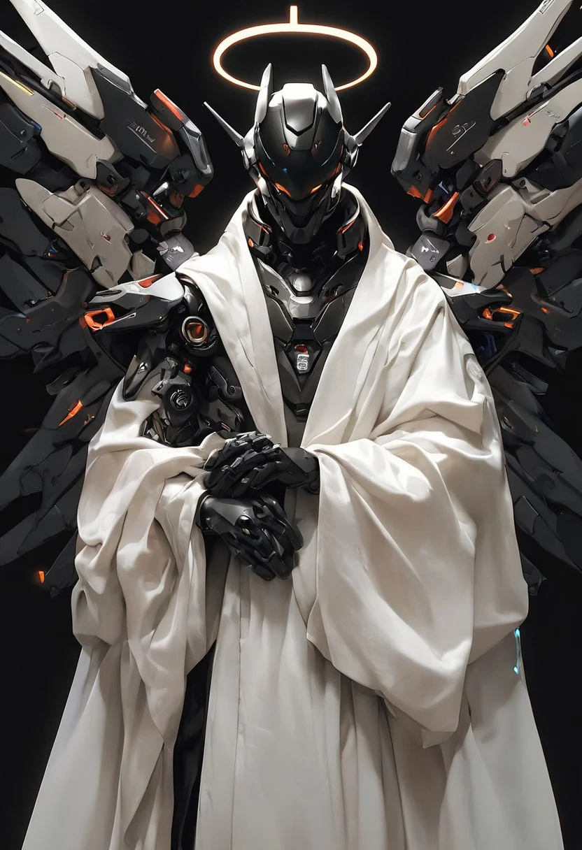 (score_9, score_8_up, score_7_up), zPDXL, 1man, 3 others, hands out, unholy, priest, mecha wings, award winning, looking at viewer, no humans, glowing, halo, robot, black background, mecha, glowing eyes, science fiction, robe, humanoid robot
<lora:BioPunky:0.8>