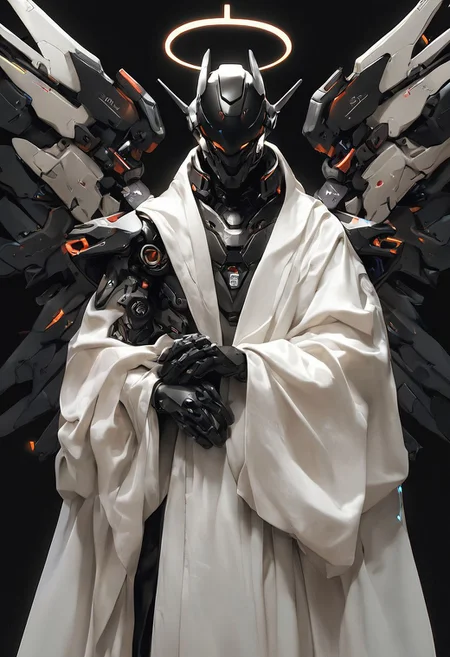 (score_9, score_8_up, score_7_up), zPDXL, 1man, 3 others, hands out, unholy, priest, mecha wings, award winning, looking at viewer, no humans, glowing, halo, robot, black background, mecha, glowing eyes, science fiction, robe, humanoid robot
<lora:BioPunky:0.8>