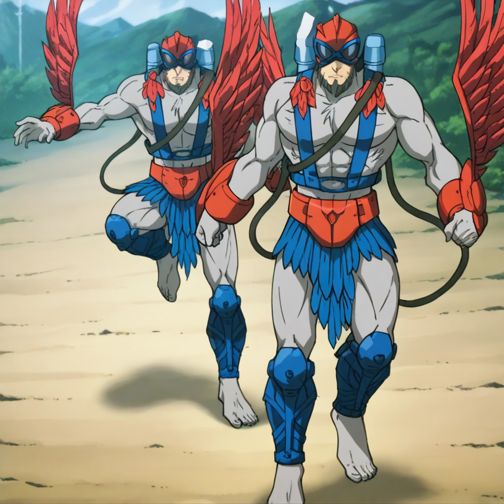 masterpiece, best quality, official style, anime screencap, anime coloring, BREAK Stratos, Red Wings, Helmet, Skirt, Feathers, Goggles, Barefoot, Male, Muscular, Armor, Leg Armor