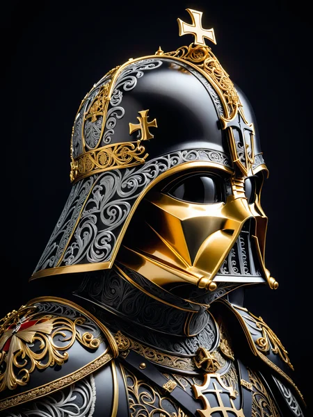 A masterful composition, an angled cinematic studio photo of darth vaders helmet blended with that of a german knight (completely covered in silver and gold filigree: 1.6) , holy roman emperor, wearing an iron cross, scrollwork and inlays, gold aiguillette, gold mask, renaissance style, HDR, 8k, extremely detailed, attention to very small details, dark background with negative space , very dark, high contrast, bold shifts of light and dark, complex and multidimensional lighting, <lora:add-detail-xl:1.4> , xlmrblng15-1300