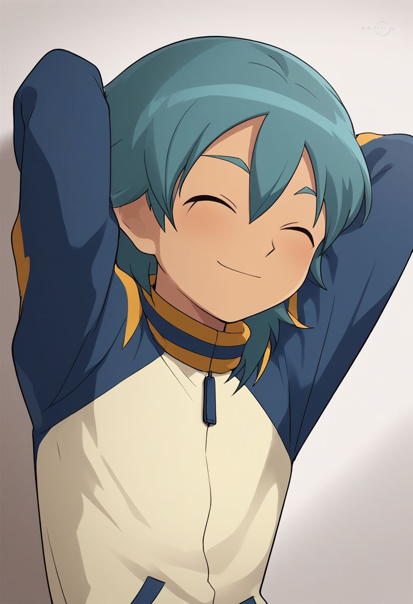 score_9, score_8_up, score_7_up, source_anime, highly detailed, 1boy, solo, male_focus, skinny, slender, cute, half body,
aitor_ina, male focus, 1boy, closed eyes, solo, raimon, track jacket, aqua hair, upper body, arms behind head, jacket, smile,