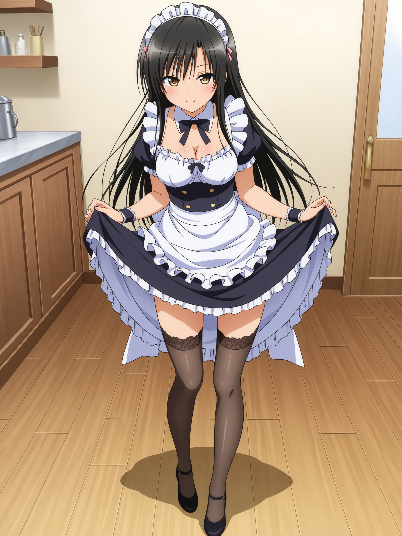 <lora:Kotegawa:1>,kotegawa,seductive smile,thighhighs,maid,skirt lift,full body,