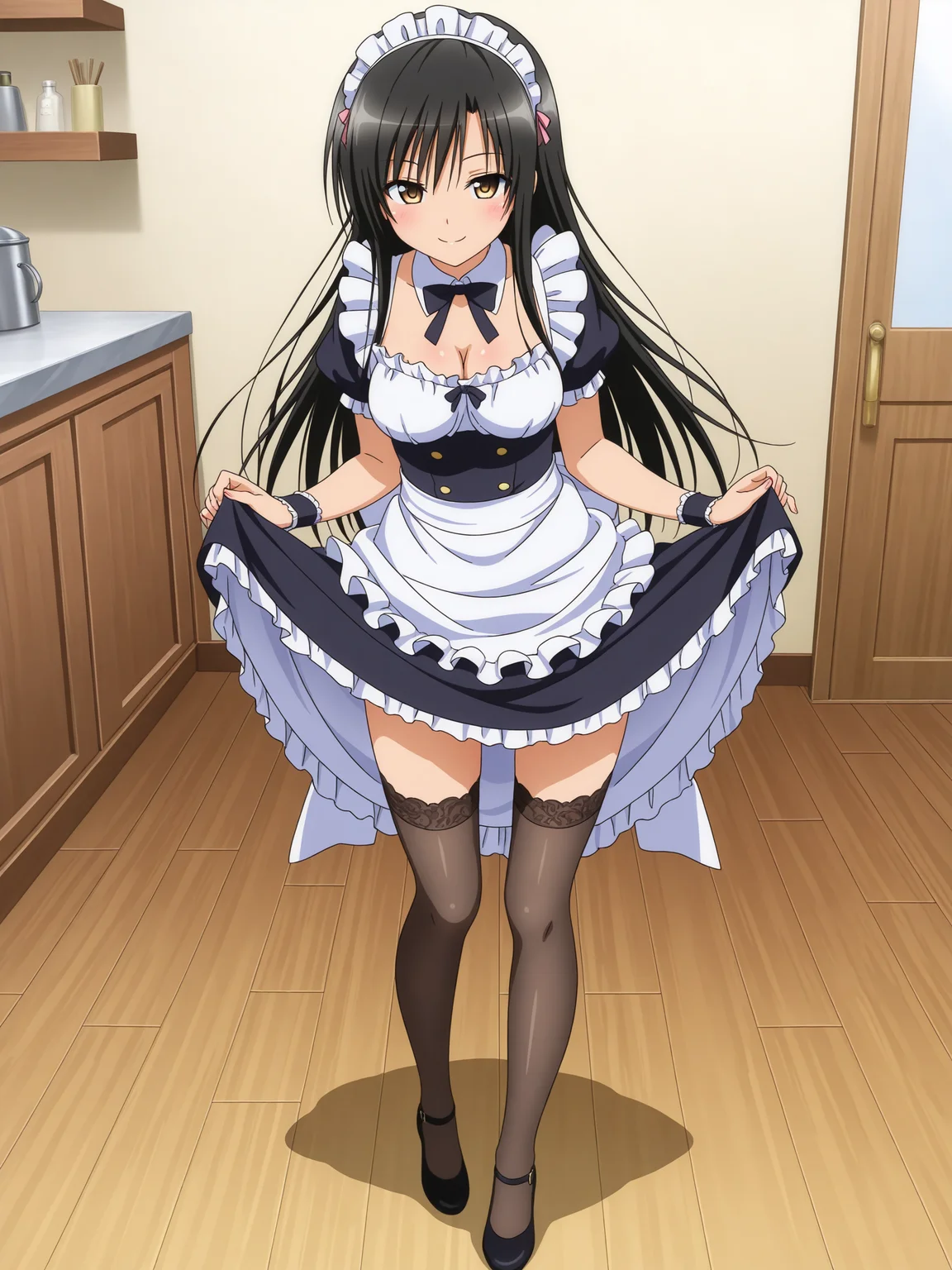 <lora:Kotegawa:1>,kotegawa,seductive smile,thighhighs,maid,skirt lift,full body,