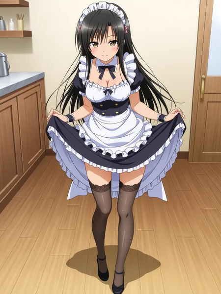<lora:Kotegawa:1>,kotegawa,seductive smile,thighhighs,maid,skirt lift,full body,