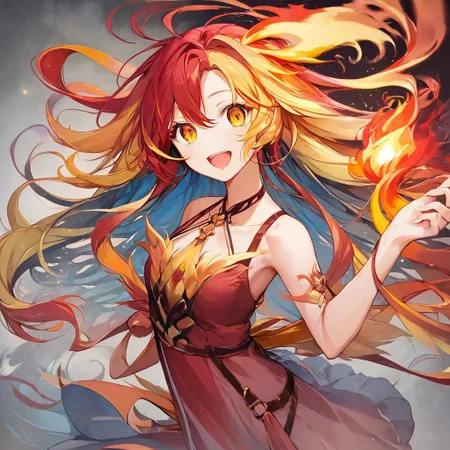 score_9,score_8_up,score_7_up,score_9,score_8_up,score_8,ultra detailed, beautiful face, highres,
BREAK, 1girl, solo, kamiya yuu, no game no life, official art,
gradient hair, multicolored hair, multicolored eyes,
(red hair:1.3), curly hair, yellow hair ends, yellow highlights, phoenix girl, red eyes, yellow eyes, gradient eyes, red dress, bare shoulders, straps, slight cleavage,
happy, looking at viewer, giddy, smile, open mouth,
jyojifuku, dress, phoenix dress, fire element, composed of fire elements, feathers, burning feathers in air,