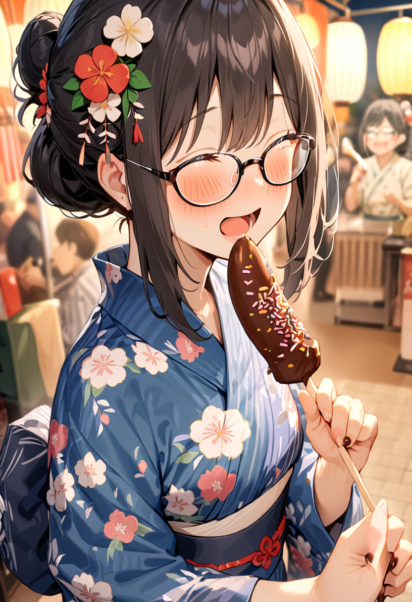 masterpiece, best quality, very aesthetic, absurdres,
chocolate banana, 1girl, solo, glasses, black hair, food, long hair, blush, holding, holding food, yukata, floral print, hair ornament, hair flower, hair bun, uchiwa, paper fan, paper lantern, night, blurry background, happy, laughing,  
<lora:chocolate_banana_SDXL_V1:1>