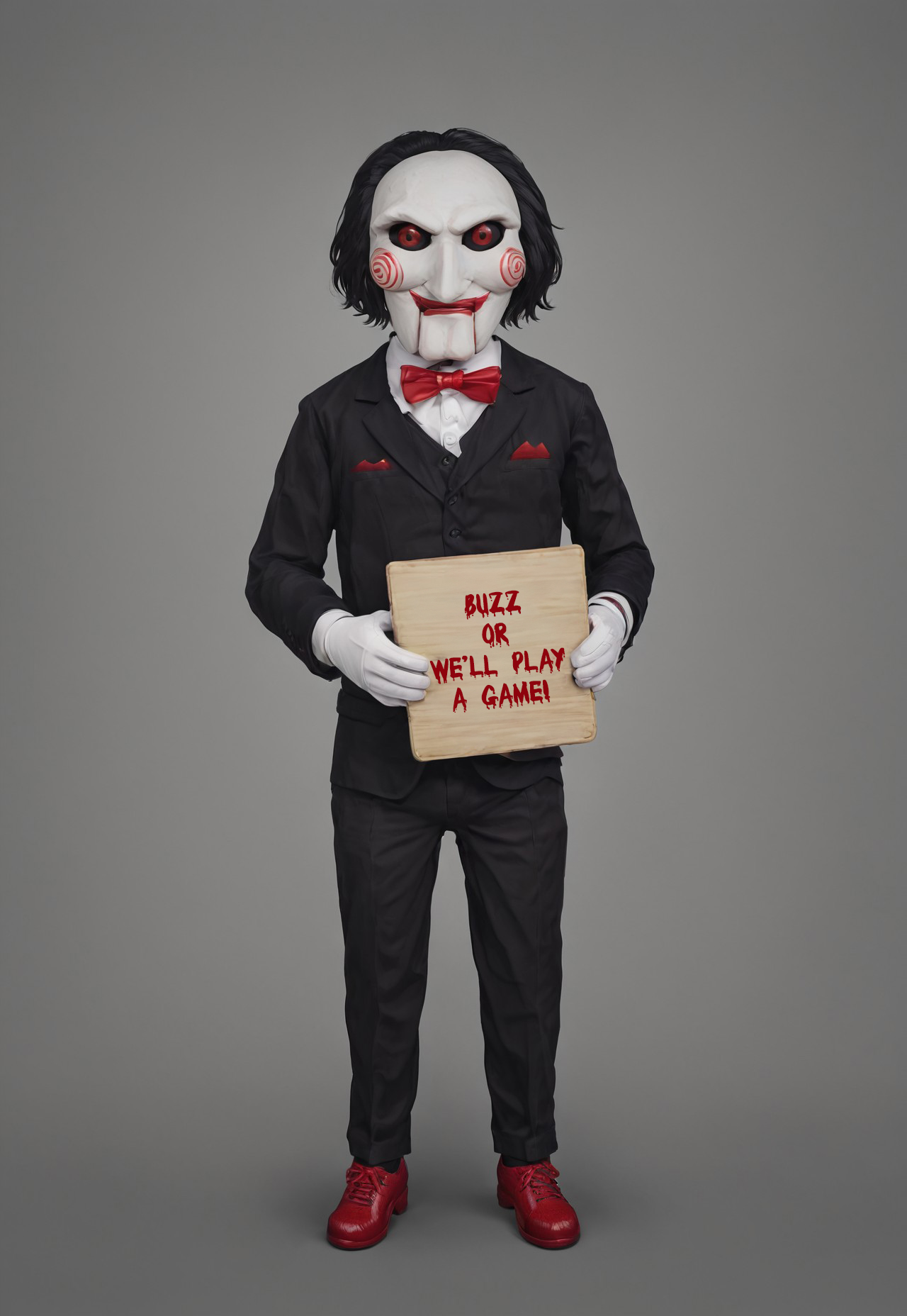 <lora:billy_s@w, puppet:1>, 1boy, black jacket, red bow tie, red shoes, black trousers, black sclera with red pupils, white skin, holding sign, sign that says "Buzz or we will play a game!", text, dark background, simple background