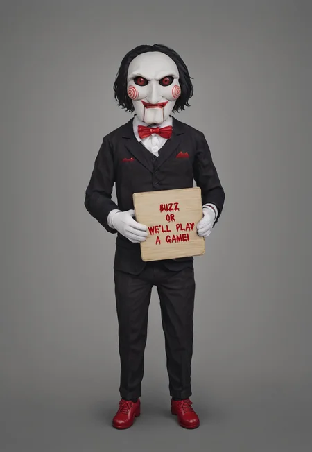 <lora:billy_s@w, puppet:1>, 1boy, black jacket, red bow tie, red shoes, black trousers, black sclera with red pupils, white skin, holding sign, sign that says "Buzz or we will play a game!", text, dark background, simple background