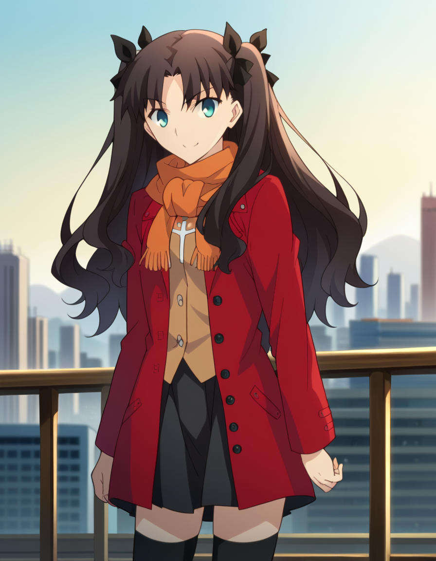 score_9, score_8_up, score_7_up, source_anime,
rintohsaka, <lora:rin-tohsaka-ubw-ponyxl-lora-nochekaiser:1>,
rin tohsaka, aqua eyes, black hair, hair ribbon, long hair, ribbon, sidelocks, two side up, parted bangs,
skirt, thighhighs, long sleeves, pleated skirt, black thighhighs, black skirt, scarf, zettai ryouiki, coat, red coat, orange scarf,
outdoors, cityscape, smile,
looking at viewer, dutch angle, cowboy shot,