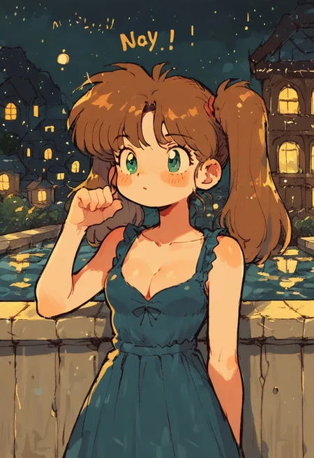 score_9, score_8_up, score_7_up, score_6_up, 1girl, solo, night, petite body, thinking, oversize dress, cleavage, night, window, darkness, on balcony, brown hair, retro style, looking to the sky, twintails, noise effect, dynamic angle