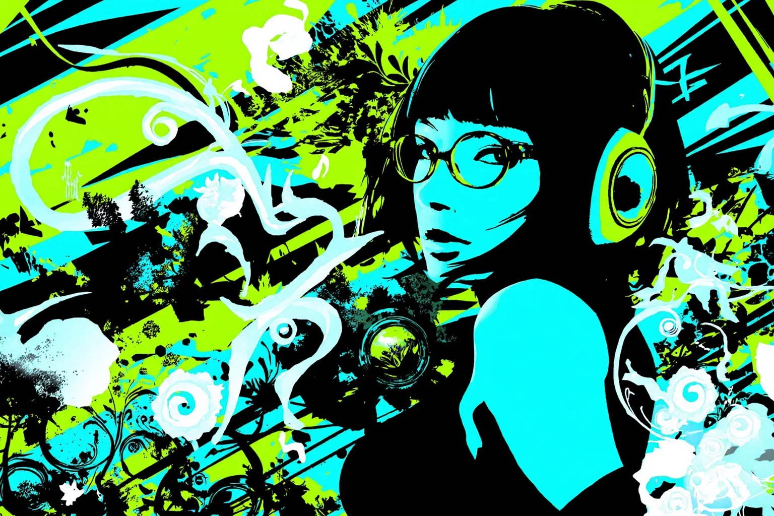 girl with sharp asymmetrical 2000s haircut, thin wireframe glasses, green and cyan headphones, mid-dance, surrounded by neon swirls, halftone dots, jagged arrows, glowing music notes, and vector soundwaves, color palette of cyan, lime green, black and white, layered grunge textures and abstract spirals interwoven with silhouetted speakers and floral curls, bold contrast lighting, diagonal composition bursting with Y2K vector energy and rhythmic motion.