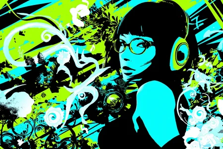 girl with sharp asymmetrical 2000s haircut, thin wireframe glasses, green and cyan headphones, mid-dance, surrounded by neon swirls, halftone dots, jagged arrows, glowing music notes, and vector soundwaves, color palette of cyan, lime green, black and white, layered grunge textures and abstract spirals interwoven with silhouetted speakers and floral curls, bold contrast lighting, diagonal composition bursting with Y2K vector energy and rhythmic motion.