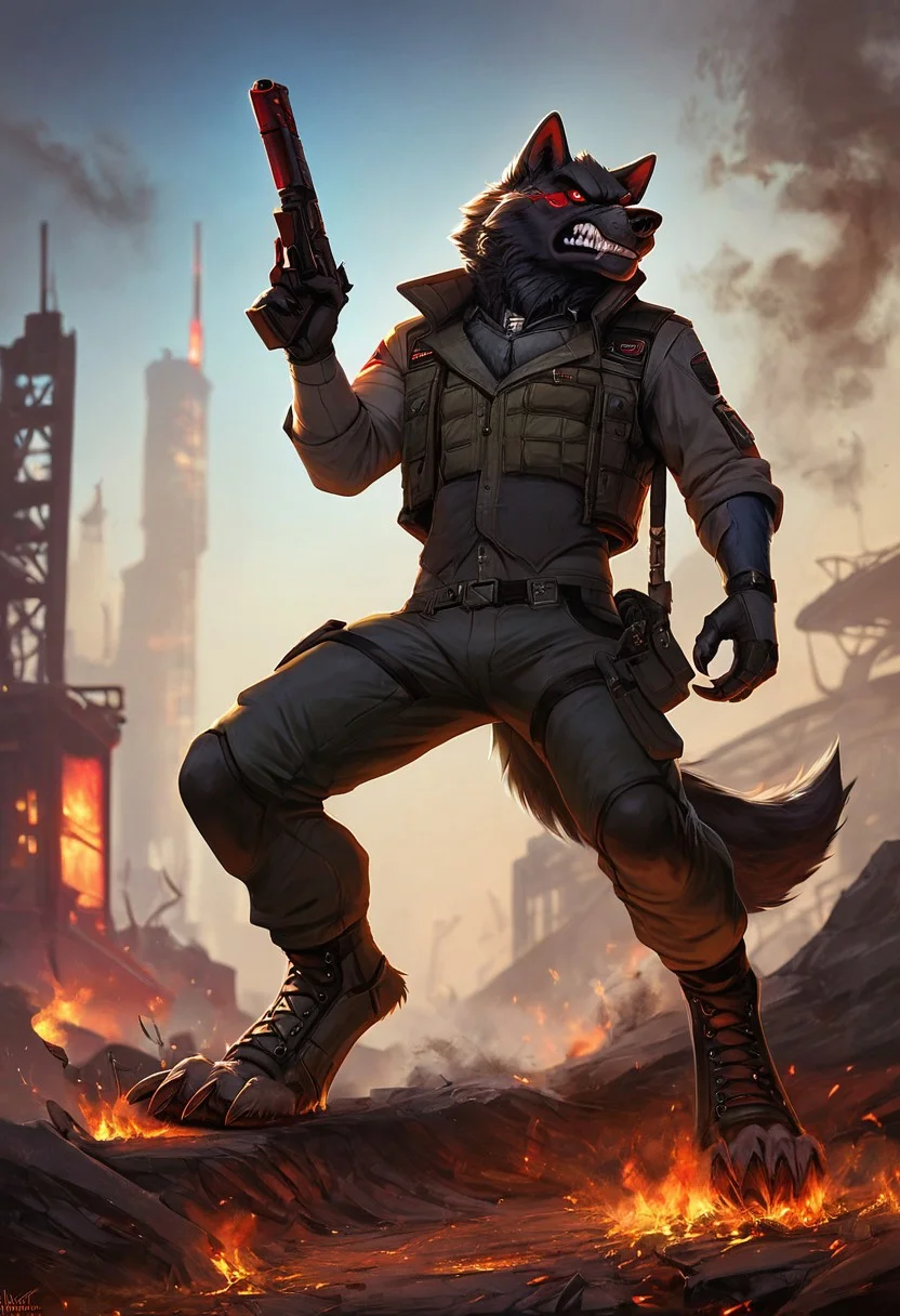 tank in background, male, solo, (anthro, (furry), wolf, black fur) stylized artwork, techwear, futuristic technology, dynamic, helmet, vest, cyberpunk, full body, dynamic lighting, radio tower, (handgun, sci-fi pistol, shooting gun, muzzle flash),
cybernetic enhancements, masterpiece, absurd quality, Sinozick, dark aesthetic, Warzone, destroyed city, fire, smoke, red sky, metal claws, huge claws, sharp teeth, angry, 
(ray tracing, photo realistic, good shadows, score_9, score_8_up, score_7_up),