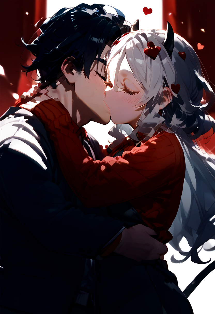 score_9, score_8_up, score_7_up, 1girl, 1boy,  deep kiss, head tilt, kiss, hug,  modeus_\(helltaker\)  <lora:deep_kiss:1>