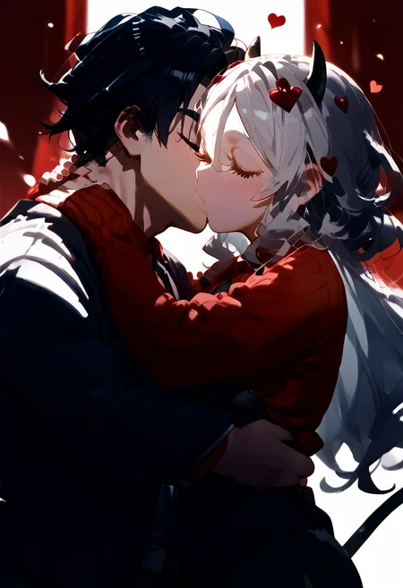score_9, score_8_up, score_7_up, 1girl, 1boy,  deep kiss, head tilt, kiss, hug,  modeus_\(helltaker\)  <lora:deep_kiss:1>