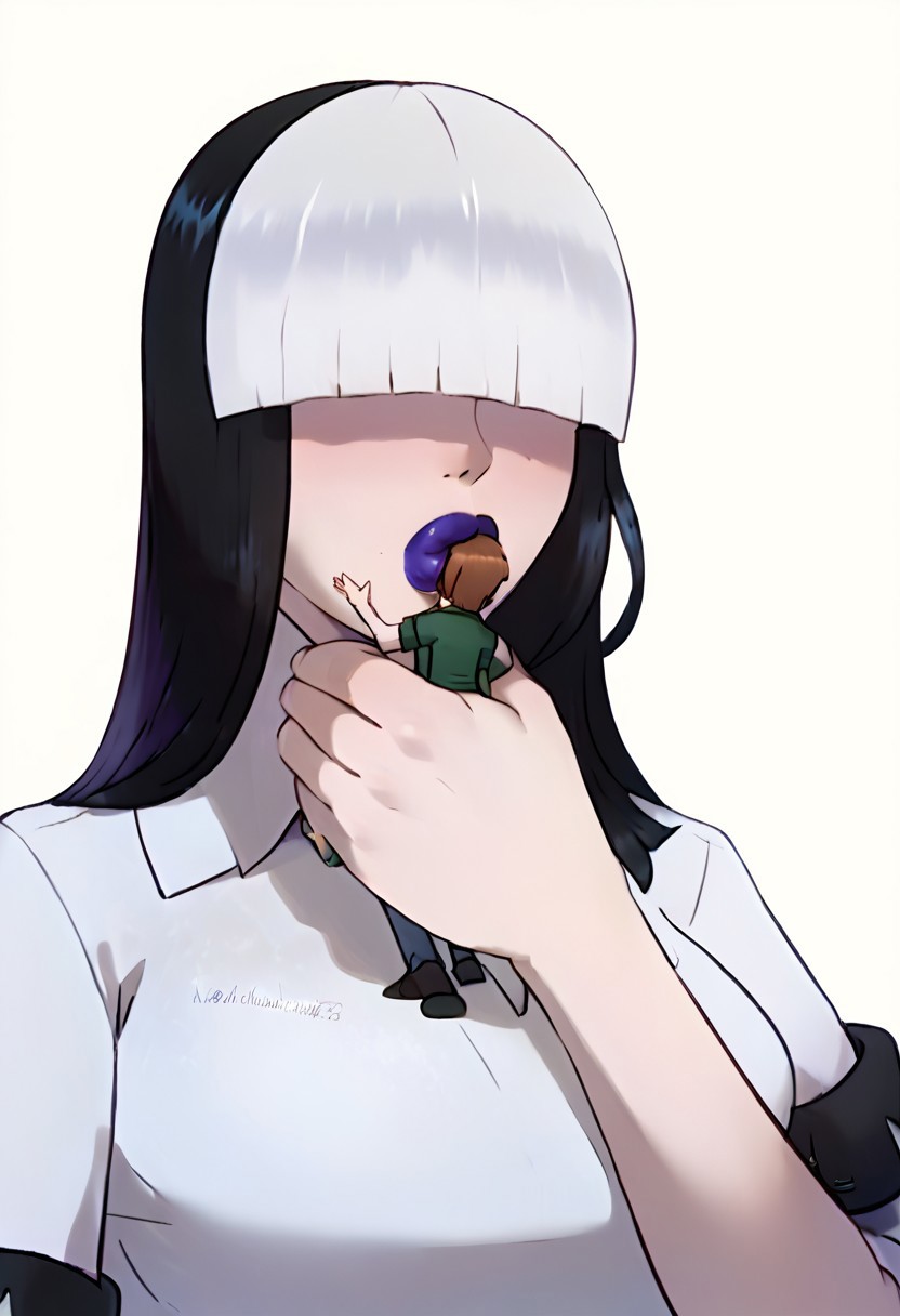 score_9, score_8_up, score_7_up, score_6_up, score_5_up, score_4_up,intricate detail, high res, 2d, comic drawing style, Fixhand,black outlines,pokemon_(anime),Asian-Less2-Neg,
Giantess Kiss, 1girl gothmom, multicolored hair, hair over eyes), Giant female, pouting, 1boy, miniature male, size difference, full-face kiss from giantess to miniature man, imminent kiss (glossy purple lipstick),  male on female hand,