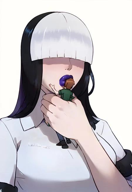 score_9, score_8_up, score_7_up, score_6_up, score_5_up, score_4_up,intricate detail, high res, 2d, comic drawing style, Fixhand,black outlines,pokemon_(anime),Asian-Less2-Neg,
Giantess Kiss, 1girl gothmom, multicolored hair, hair over eyes), Giant female, pouting, 1boy, miniature male, size difference, full-face kiss from giantess to miniature man, imminent kiss (glossy purple lipstick), male on female hand,