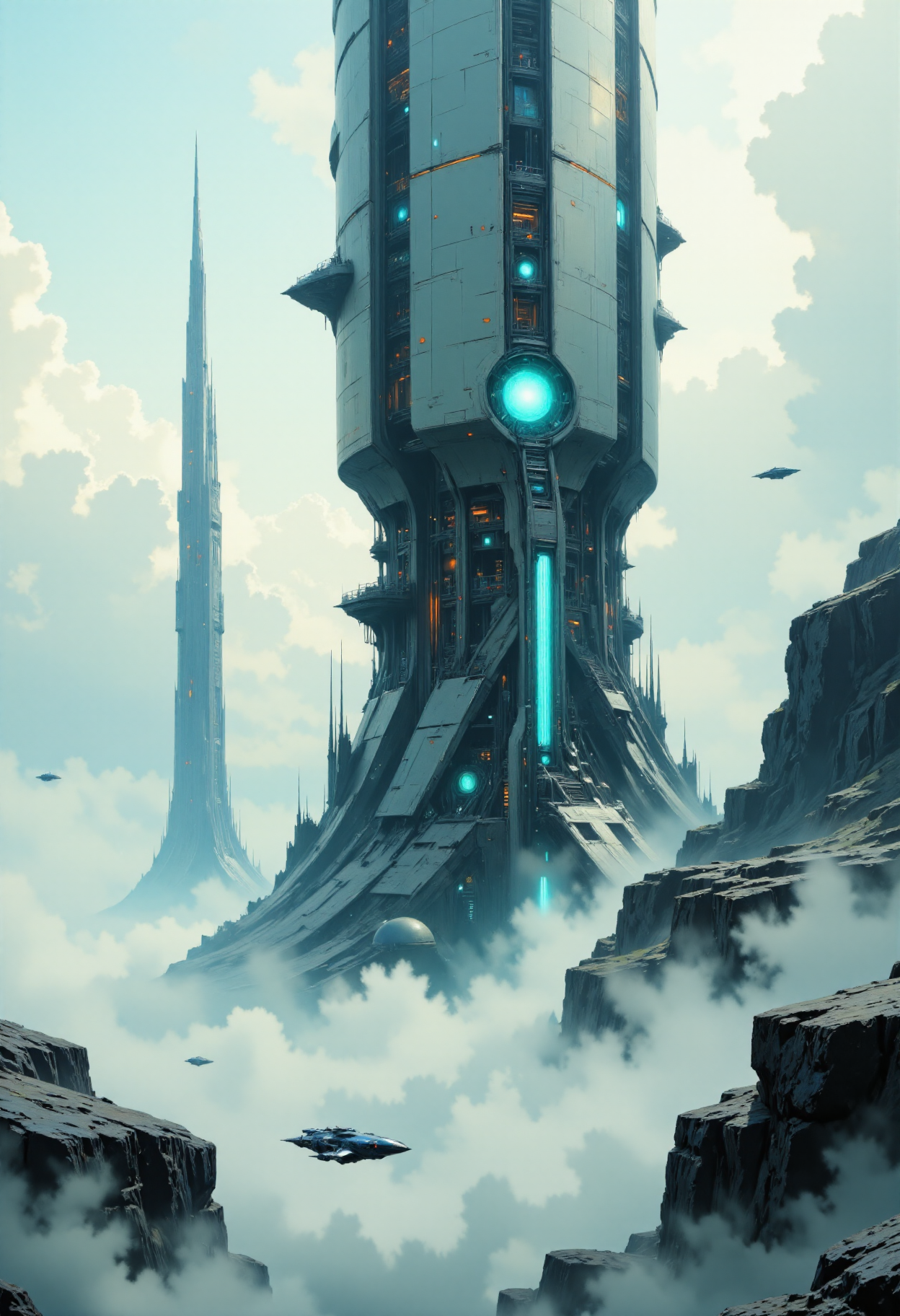 highest details, ultra hyper realism. highly detailed and realistic. intricate and highly professional artwork, an absolute masterpiece.
This is a highly detailed CGI rendering of a futuristic, high-tech cityscape set in a misty, early morning sky. The scene is dominated by a colossal, cylindrical space station or city hub, built in a sleek, metallic gray with intricate, glowing blue and red lines of LED lights outlining its structure. This central tower is surrounded by a dense, white cloud cover, giving the impression of a city floating above the clouds. The tower has multiple levels, each with various protruding modules, antennae, and spherical structures, indicating advanced technology and habitation. Several smaller, similar structures are visible in the background, including one with a pointed spire and another with a dome, all connected by a network of slender, glowing cables. In the sky above, numerous small, sleek spacecraft and drones are scattered, some flying close to the structures and others in the distance, suggesting a bustling, high-tech environment.
<lora:articolorpaint_v01_epoch_13:0.6>  <lora:artilands_v02-000006:0.75> <lora:Elden_Ring_-_Yoshitaka_Amano:0.5> <lora:Legacy_of_the_forerunners_v.2:0.65>