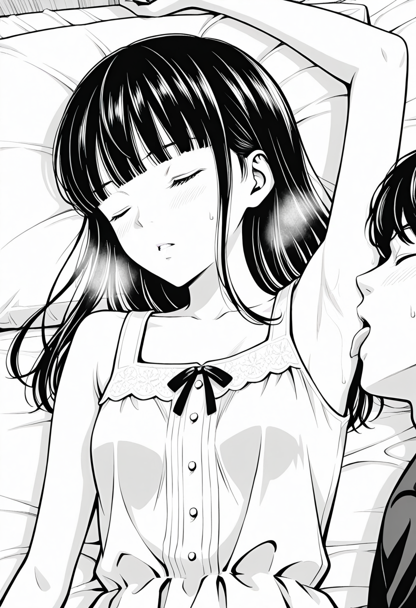 , intricate details, masterpiece, high quality, prefect hands, best quality,, 1girl, solo, detailed eyes , 
bed room ,
 <lora:Murata_test:1> muratakouji-style, monochrome, greyscale, Minase ,bangs, ,blunt bangs ,  long hair  , small breast , white dress , sleeveless ,sleeping , eye closed , 
<lora:Armpit_sex:0.7> spared arms ,licking armpit,licking, tongue,tongue out, hetero,1girl,1boy, lying, sweatdrop, steam, blush , parted lips ,