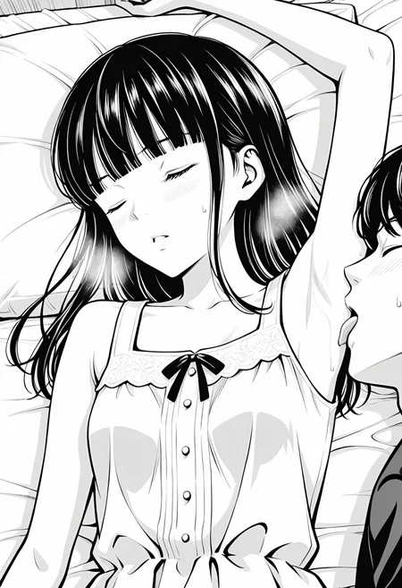, intricate details, masterpiece, high quality, prefect hands, best quality,, 1girl, solo, detailed eyes ,
bed room ,
<lora:Murata_test:1> muratakouji-style, monochrome, greyscale, Minase ,bangs, ,blunt bangs , long hair , small breast , white dress , sleeveless ,sleeping , eye closed ,
<lora:Armpit_sex:0.7> spared arms ,licking armpit,licking, tongue,tongue out, hetero,1girl,1boy, lying, sweatdrop, steam, blush , parted lips ,