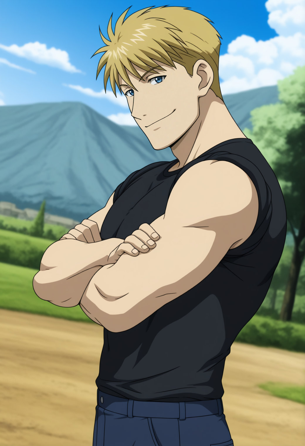 masterpiece,best quality,anime screencap,
1boy,
<lora:jean_havoc_NAI_EPS_1_0_CAME_v1_rev2:1> j34nhvc, blonde hair, blue eyes, short hair,
looking at viewer, smile,
from side, black shirt, t-shirt,  tight shirt, sleeves rolled up, forearms, crossed arms, blue pants, bare shoulders,
cowboy shot,
depth of field, dutch angle, outdoors, scenery, day, blue sky, cloudâââ
