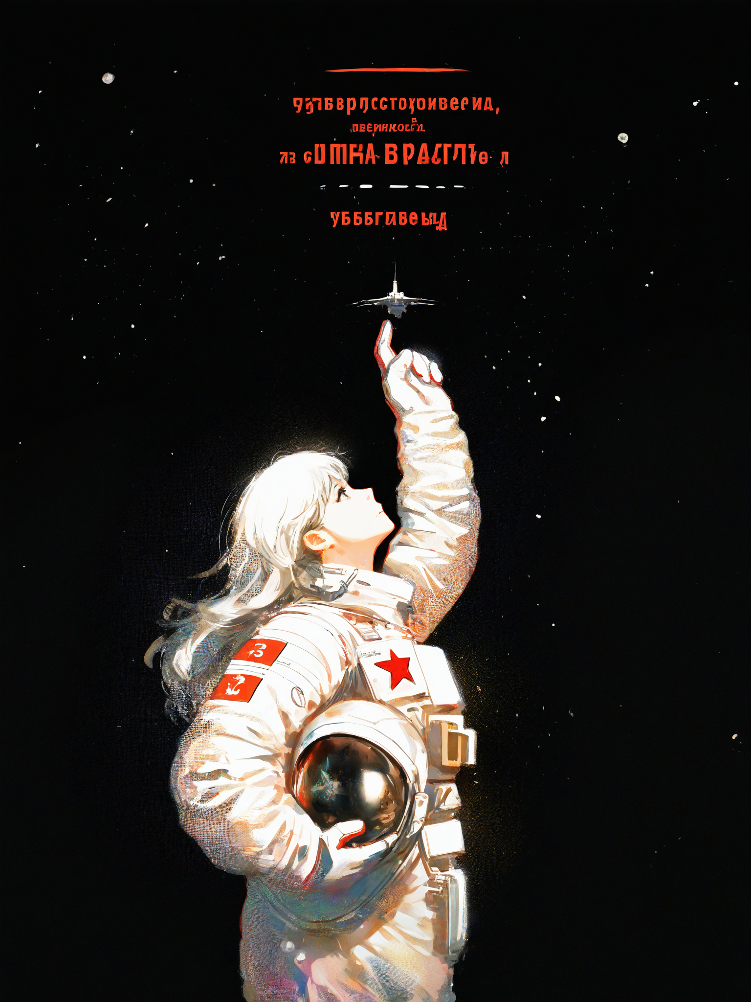 (space, star \(sky\)), spacecraft, astronaut, 
s-m, solo, (1girl), looking up, from side, arm up, 
grabbing helmet, long hair, 
russian text, 
<lora:Sovposter-NOOB-V1-E-PRED-000003:1>
(stu_dts:0.1),
masterpiece, best quality, amazing quality, very aesthetic, absurdres, newest,