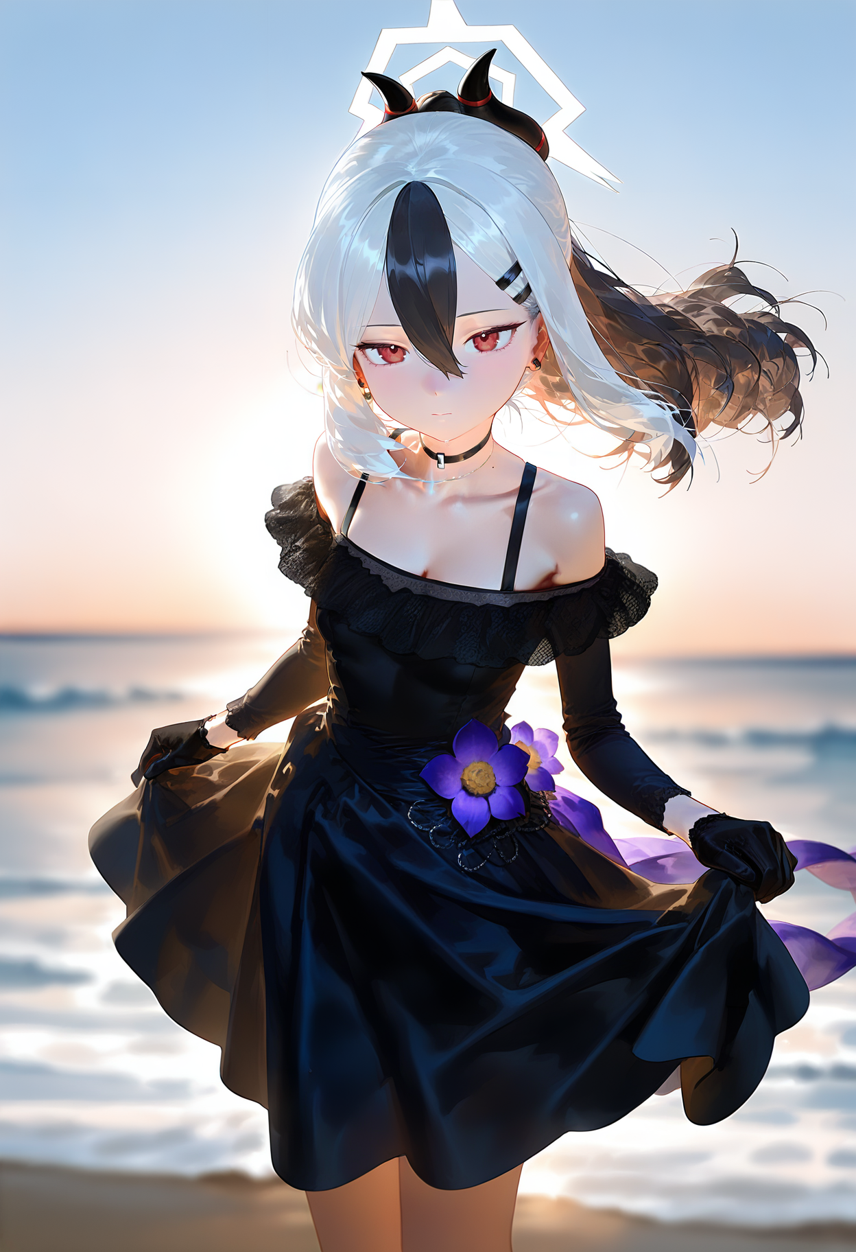 1girl, kayoko \(blue archive\), solo, multicolored hair, red eyes, dress, halo, gloves, black hair, choker, white hair, horns, off shoulder, black gloves, ocean, two-tone hair, ponytail, black choker, looking at viewer, hairclip, outdoors, black dress, jewelry, bare shoulders, hair ornament, blurry, hair between eyes, earrings, collarbone, bangs, breasts, flower, off-shoulder dress, blurry background, small breasts, skirt hold, horizon, water, mole, closed mouth, standing, day, cleavage, long hair, long sleeves, depth of field, sky, alternate costume <lora:nyaliaXL_NBVP1_lokr_V6311P:0.95>