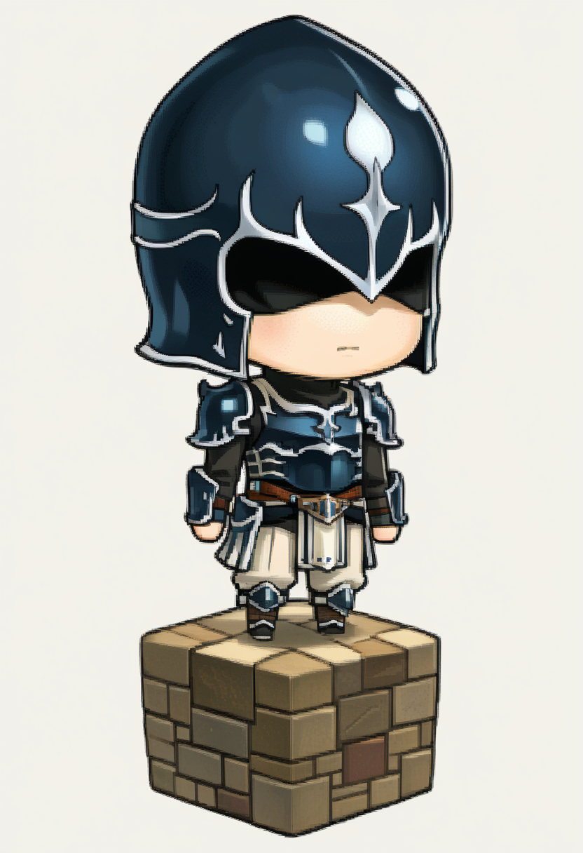 score_9, score_8_up, score_7_up, source_anime, 1boy, solo, 
<lora:zs_PictlogicaStyleXL:1> ffpictlogicastyle, chibi, full body, faux figurine, white background
 <lora:313archer-pdxl-nvwls-v1:1> 313archer, helmet, armor, covered eyes