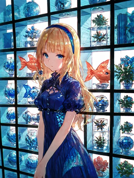 (score_9,score_8_up,score_7_up),high quality,best quality,Highly detailed,highres,1girl,sexy,1girl, blue eyes, long hair, solo, blonde hair, window, blue theme, fish, hairband, flower, short sleeves, dress<lora:tengyuan-XL2:0.8>,