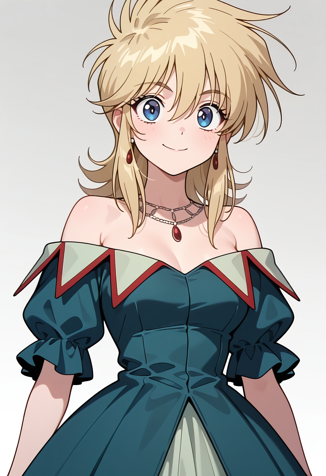 masterpiece, best quality, amazing quality, 1girl, solo,
<lora:rubette_la_lette_v01:0.9>, rubette_noble, blonde hair, medium hair, sidelocks, hair between eyes, blue eyes,
earrings, necklace, jewelry, bare shoulders, blue dress, green dress, off-shoulder dress, short sleeves, long skirt, (smile:0.7), posing, upper body,