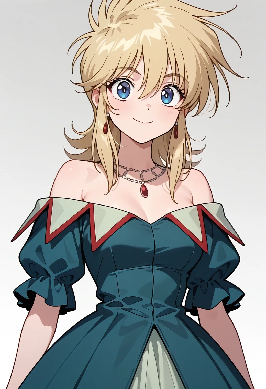 masterpiece, best quality, amazing quality, 1girl, solo,
<lora:rubette_la_lette_v01:0.9>, rubette_noble, blonde hair, medium hair, sidelocks, hair between eyes, blue eyes,
earrings, necklace, jewelry, bare shoulders, blue dress, green dress, off-shoulder dress, short sleeves, long skirt, (smile:0.7), posing, upper body,
