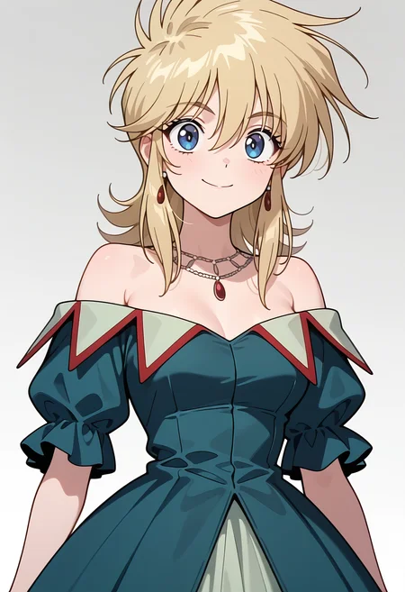 masterpiece, best quality, amazing quality, 1girl, solo,
<lora:rubette_la_lette_v01:0.9>, rubette_noble, blonde hair, medium hair, sidelocks, hair between eyes, blue eyes,
earrings, necklace, jewelry, bare shoulders, blue dress, green dress, off-shoulder dress, short sleeves, long skirt, (smile:0.7), posing, upper body,