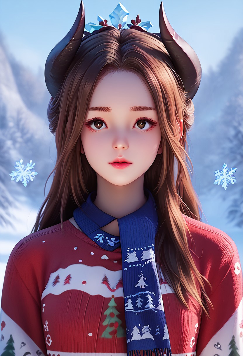 score_9, score_8_up, score_7_up, score_6_up, score_5_up, score_4_up, masterpiece, ultra-detailed, high resolution,
christmas_sweater,chuxue, Demon，
1girl, portrait, pink short-sleeved sweater with cute patterns, blue scarf, brown hair, slightly parted lips, looking charming, in a warm and cozy atmosphere, with delicate snowflakes gently falling around, six-pointed and crystal-clear snowflakes adding a touch of beauty, a cute and innocent demon girl, demon horns, beautiful and pure.