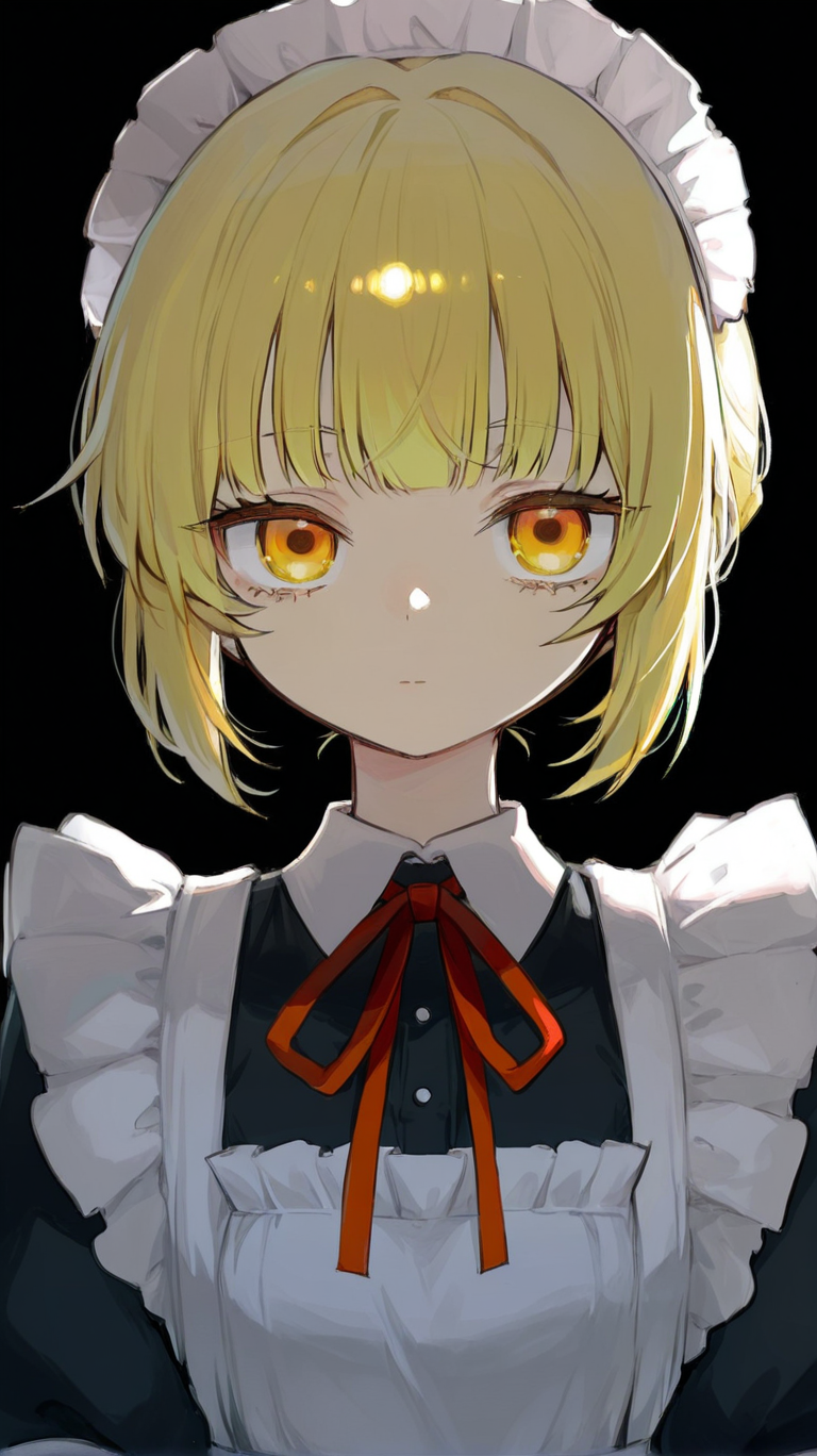 1girl, solo, looking_at_viewer, short_hair, bangs, blonde_hair, simple_background, ribbon, closed_mouth, yellow_eyes, upper_body, frills, apron, red_ribbon, orange_eyes, maid, maid_headdress, neck_ribbon, black_background
