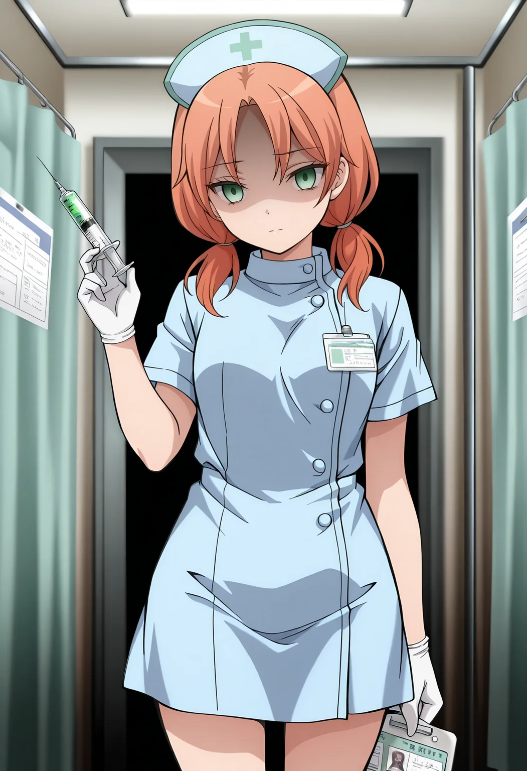 <lora:Hayami_Rinka:1>,Hayami_Rinka,1girl,orange hair,green eyes,low twintails,nurse,holding,yandere,expressionless,shaded_face,syringe,medical record,masterpiece,best quality,amazing quality,very aesthetic,absurdres,newest,depth_of_field,hospital,indoor,
