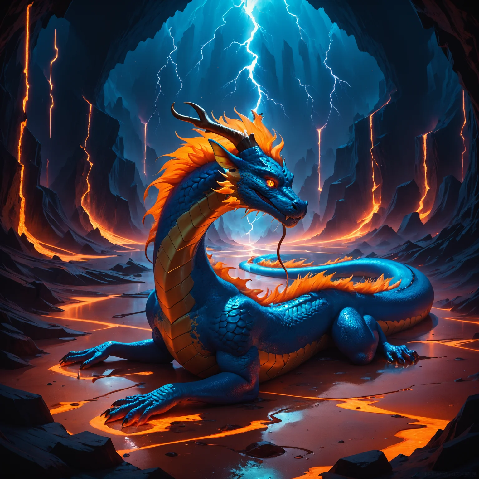 detailed,volumetric,score_9,score_8_up,score_7_up,very aesthetic,<lora:add-detail-xl:0.5>, (best quality, hires textures, high detail:1.2),(incredibly detailed:1.4), eastern dragon, magnificent blue scales, imposing expression, powerful atmosphere, volumetric lighting, lightning background,  lying, on stomach, glowing eyes, lava,
 <lora:VividRealismColorEnhancer:.5>