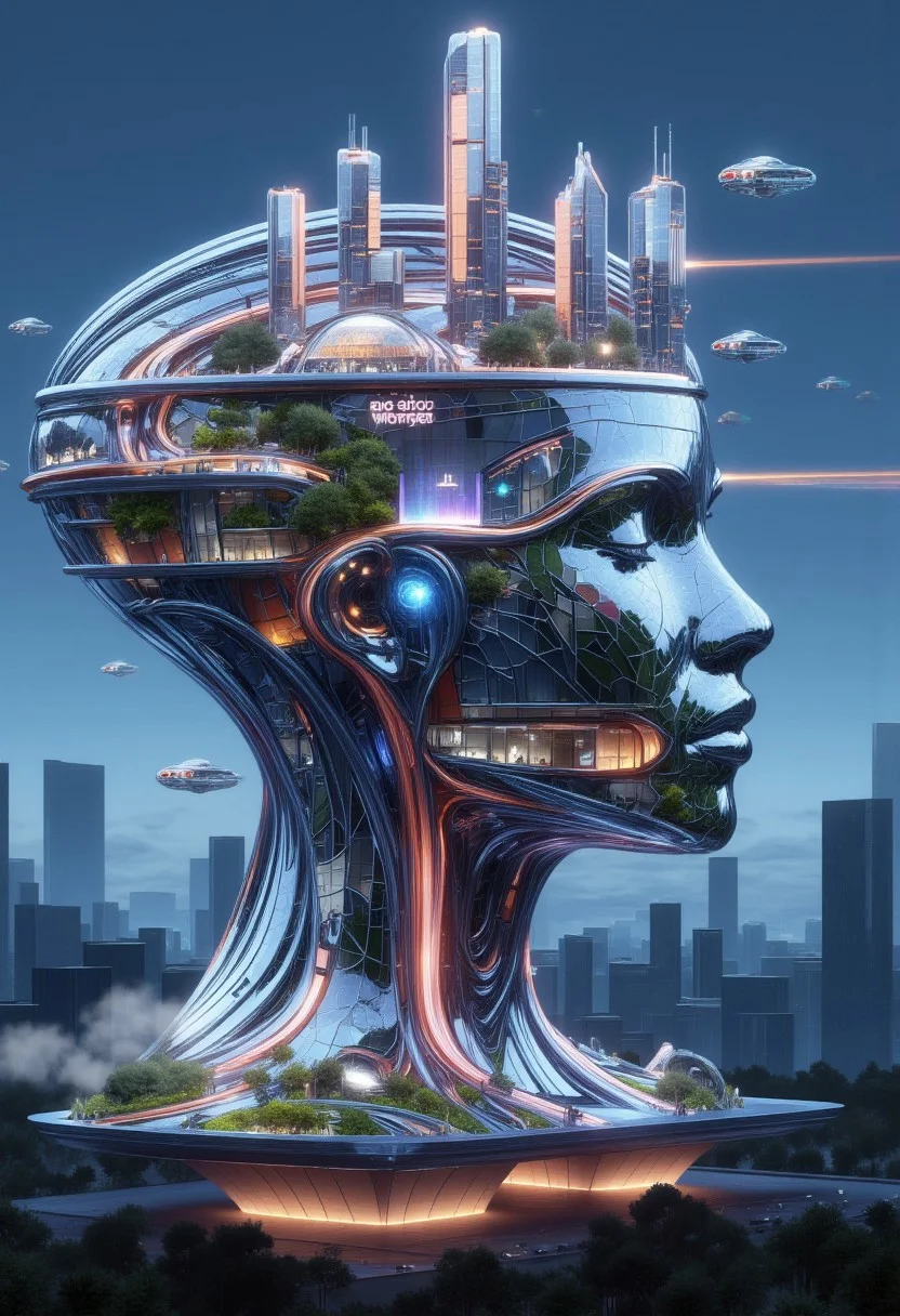 A retro-futuristic cityscape forms the massive profile of a serene, glass woman’s head, seamlessly blending human features with intricate architectural elements. Her face serves as the city’s foundation, with towering skyscrapers on her forehead and temples, glowing with neon windows. Her hair flows as metallic structures and bridges, interwoven with train tracks, suspended walkways, and glowing signs. Smaller buildings cascade along her jawline, creating a harmonious urban sprawl.
The city is alive with detail: tiny figures move across her cheekbone plazas, bustling markets thrive on her lips, and balconies line her nose and chin. Flying vehicles zip through the air, leaving colorful light trails as they navigate the futuristic skyline. Art deco-inspired facades and chrome accents dominate, giving the city a bold, vibrant aesthetic. Her closed eyes shimmer as reflective glass, and her ears double as observation decks.
Her collarbone extends into a grand platform supporting monuments and lush gardens, while steam rises gently from vents near her temples, giving her a lifelike presence. The moody, dusky sky glows with light from the city and hovering vehicles, blending natural beauty with advanced technology. The entire scene evokes a sense of awe, a vision of humanity’s integration with architecture.