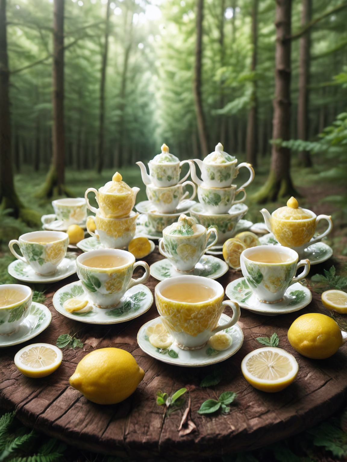 An ais-lmnsgr tea party in a forest clearing, with delicate porcelain cups and saucers <lora:ais-lmnsgr-sdxl:1>