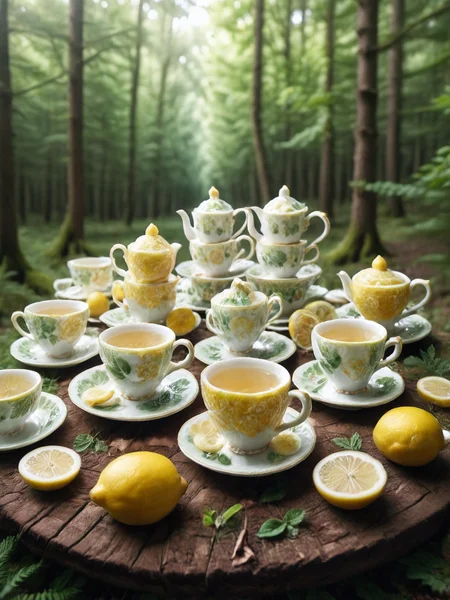 An ais-lmnsgr tea party in a forest clearing, with delicate porcelain cups and saucers <lora:ais-lmnsgr-sdxl:1>