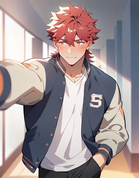 score_9, score_8_up, score_7_up, best quality, amazing quality, best aesthetic, amazing aesthetic, 2023, duo, solo focus, 1boy, manly, muscular, blush, blush lines, shy, looking to the side, medium hair, bangs, red hair, orange eyes, varsity jacket, pov, kabedon, arm up, hand in pocket, <lora:KabesubpovPonyXL:1.2>, wall \(structure\), school hallway