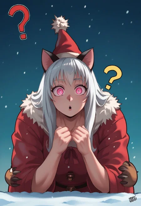 score_9, score_8_up, score_7_up, source_anime, drhdr_style, 1girl, santa, solo, detailed eyes, cute, pink eyes, santa hat, white hair, muscular, muscles, long hair, leaning in, bent over, looking at viewer, surprised, confused, fur coat, snow, cat ears