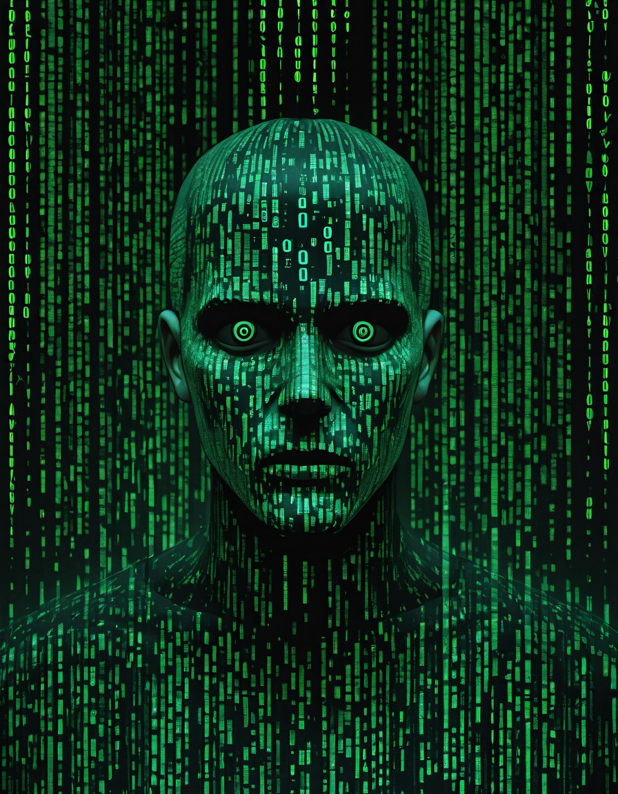 detailed, mmatrix-style, silhouette, code, text focus, glitch, digital dissolve, 1boy