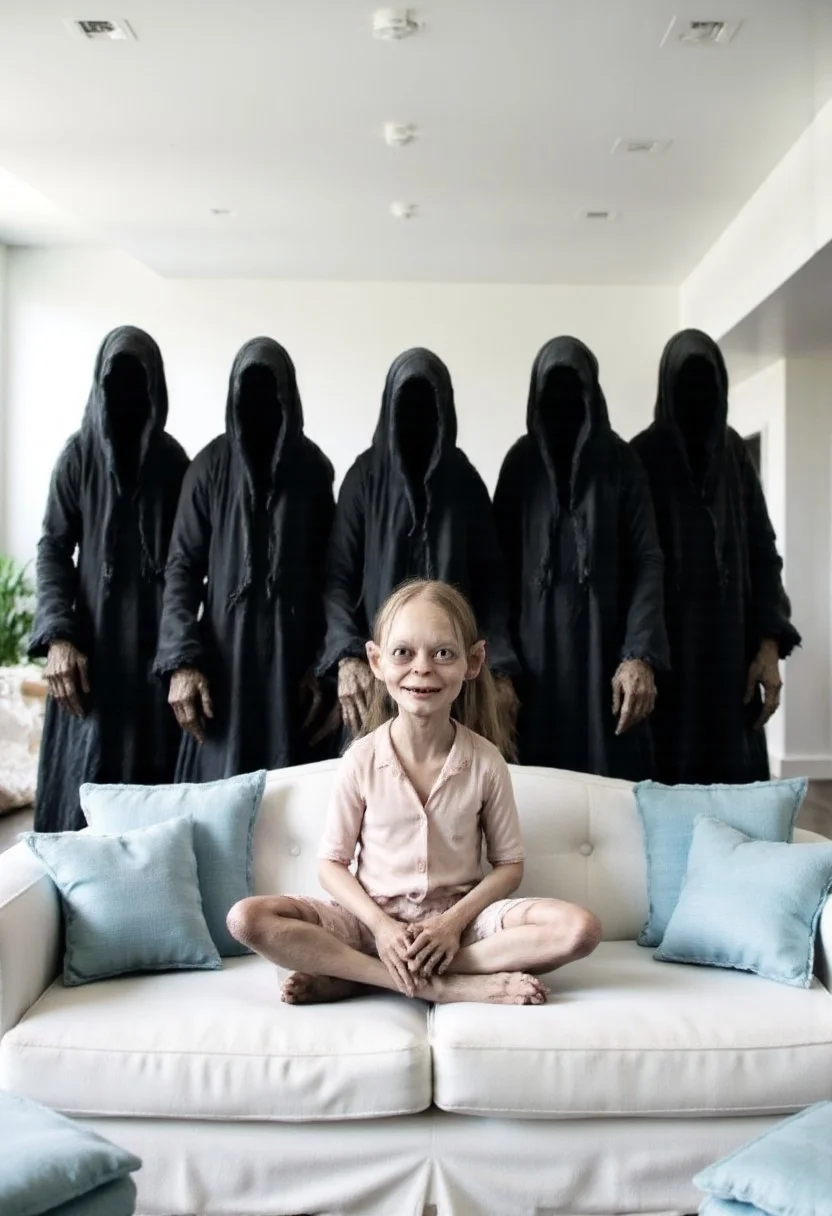 In a modern, brightly lit living room, create a surreal scene with five Nazgûl standing ominously behind a white couch. The Nazgûl, cloaked in dark, shadowy robes, form a semi-circle, their faceless hoods exuding an air of menace as they loom over the scene. Seated directly on the white couch is Smeagol, cross-legged and smiling innocently. He wears a very light pink shirt, styled with playful blonde pigtails, and his hands are carefully hidden within his lap to maintain a clean, polished look. The room is sleek and modern, with pristine white furniture, light blue accent pillows, and soft natural light illuminating the space. The stark contrast between the dark, foreboding Nazgûl and the cheerful, childlike Smeagol on the couch creates an unsettling yet whimsical tension