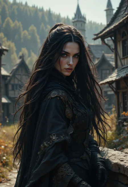 (realistic:1.2) Yennefer of Vengerberg from The Witcher, depth of field, dynamic angle, fashion photography, sharp, hyperdetailed:1.15, dynamic poses, realistic skin, realistic, bright sunlight, deep shadows, photoshoot, medieval village background, style by Greg Rutkowski, by Milo Manara and Russ Mills, with insanely intricate details and textures, gloomy dramatic lighting, 8K resolution