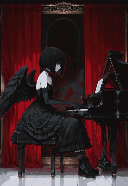 masterpiece,  best quality, good quality, very awa,  very aesthetic, absurdres, newest, oc-chan_(ketopon), 1girl, solo, black hair, bob cut, black eyes, pale skin, goth fashion, frilled dress, choker ,lace trim,strapless dress, elbow gloves, full body, feathered wings, sitting, playing piano, grand piano, full body, dark red curtains, framing curtains,  art deco, from side, profile, limited palette, no lineart, no outline,painterly, scenery,indoors, perspective, flat color, 15546+456868, r17329_illu,