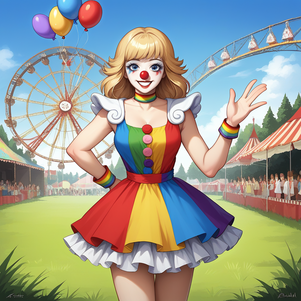 score_9, score_8_up, score_7_up, score_6_up, score_5_up, score_4_up, zPDXL2,source_anime,rating_questionable, 1girl, looking at viewer, cowboy shot, rainbow dress,makeup,  clown, smile, <lora:Carnival:0.7> carn1val, outdoors,scenery, ferris wheel, crowd, day time, balloons, blue sky, grass, fairgrounds