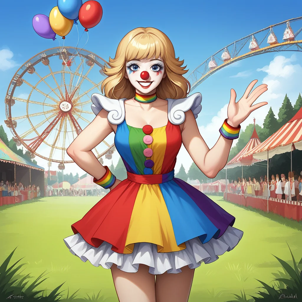score_9, score_8_up, score_7_up, score_6_up, score_5_up, score_4_up, zPDXL2,source_anime,rating_questionable, 1girl, looking at viewer, cowboy shot, rainbow dress,makeup, clown, smile, <lora:Carnival:0.7> carn1val, outdoors,scenery, ferris wheel, crowd, day time, balloons, blue sky, grass, fairgrounds